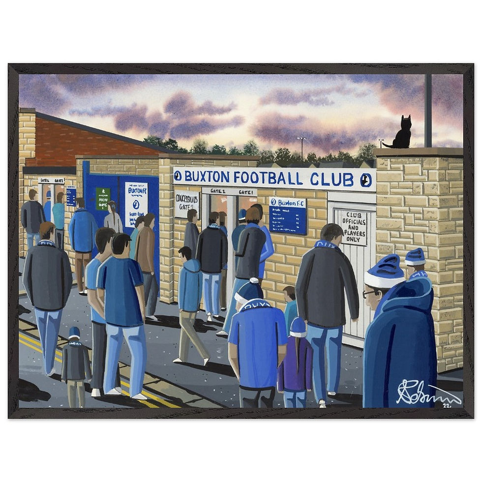 Thumbnail: Buxton FC Silverlands football  stadium By Artist Andrew Robinson andrewrobinsonart.com, Andrew Robinson art .Framed Fine Art Prints, Posters, Canvas Prints, Framed canvas prints, Ceramic Mugs etc sport, football, rugby, NFL