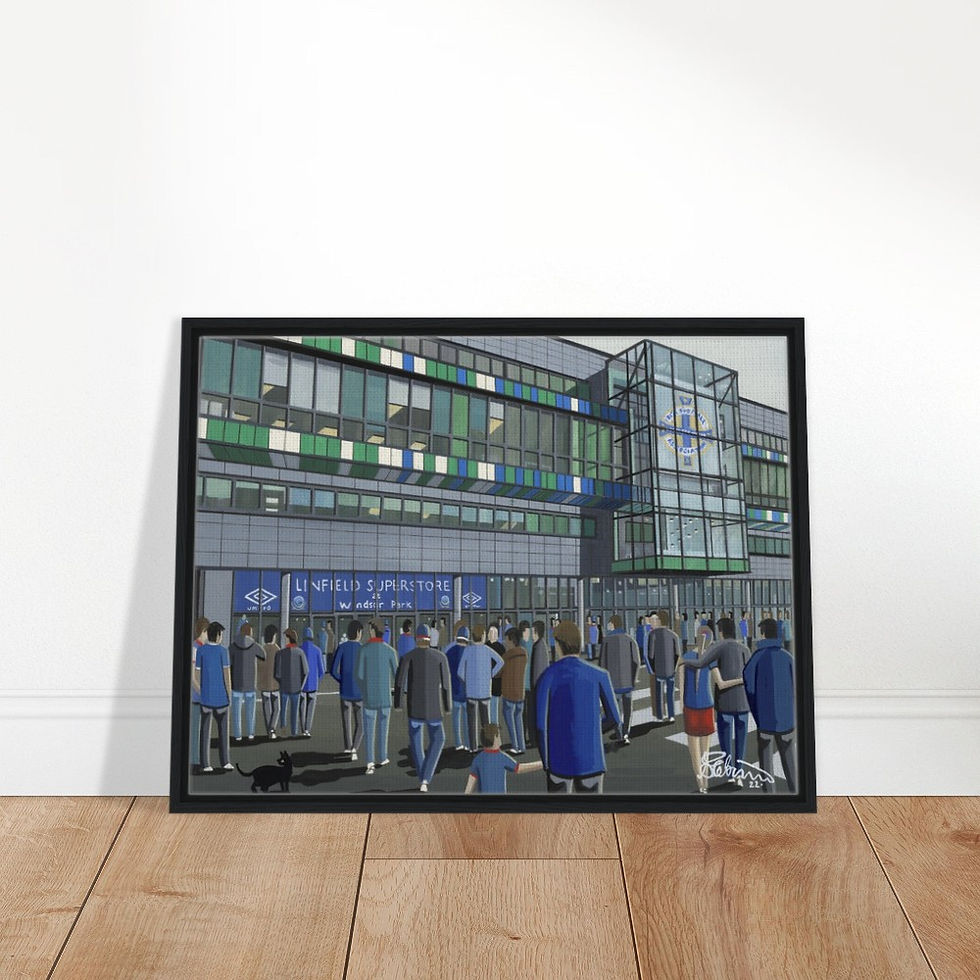 Thumbnail: Linfield F.C, Windsor Park  Football Stadium By Artist Andrew Robinson andrewrobinsonart.com, framed Fine Art Prints Posters, Canvas Prints, Ceramic Mugs etc