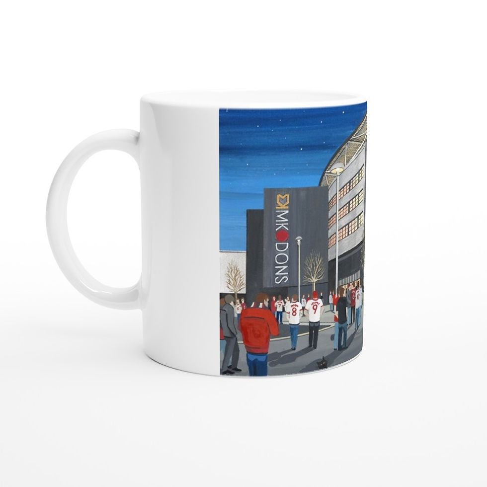 Thumbnail: MK Dons FC  football stadium scene by artist Andrew Robinson andrewrobinsonart.com. Available in fine art print, poster, canvas prints and mugs etc 
