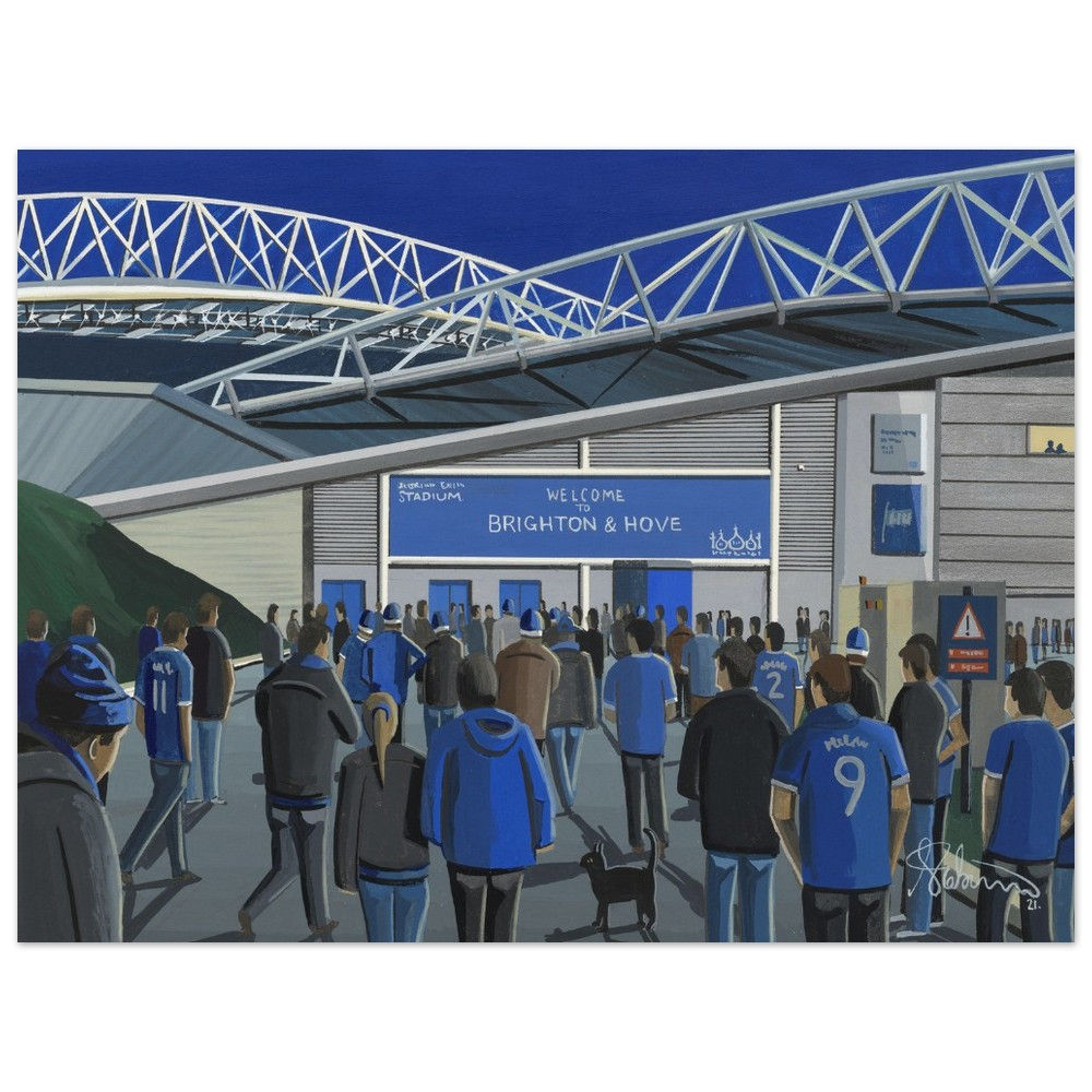 Brighton & Hove Albion FC Amex Falmer football stadium scene by artist Andrew Robinson andrewrobinsonart.com. Available in fine art print, poster, canvas prints and mugs etc 
