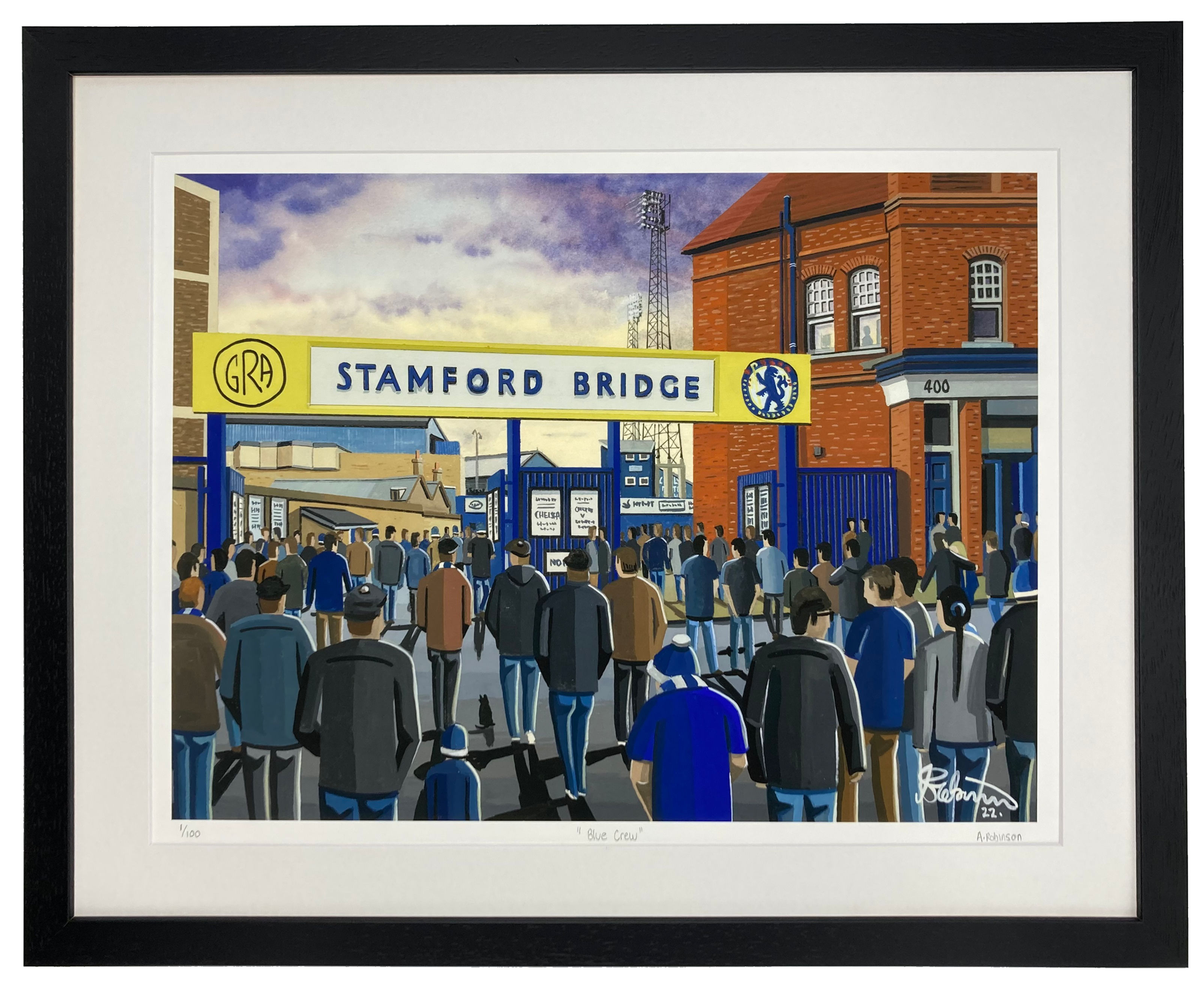 Chelsea FC retro Stamford Bridge football stadium Scene by artist Andrew Robinson andrewrobinsonart.com. Limited Edition available in fine art print only