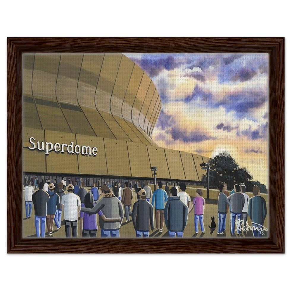 Thumbnail: New Orleans Saints NFL Football Stadium By Artist Andrew Robinson andrewrobinsonart.com, Andrew Robinson art .Framed Fine Art Prints, Posters, Canvas Prints, Framed canvas prints, Ceramic Mugs etc sport, football, rugby, NFL