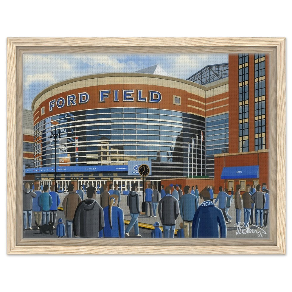Thumbnail: Detroit Lions NFL Football Stadium By Artist Andrew Robinson andrewrobinsonart.com, Andrew Robinson art .Framed Fine Art Prints, Posters, Canvas Prints, Framed canvas prints, Ceramic Mugs etc sport, football, rugby, NFL