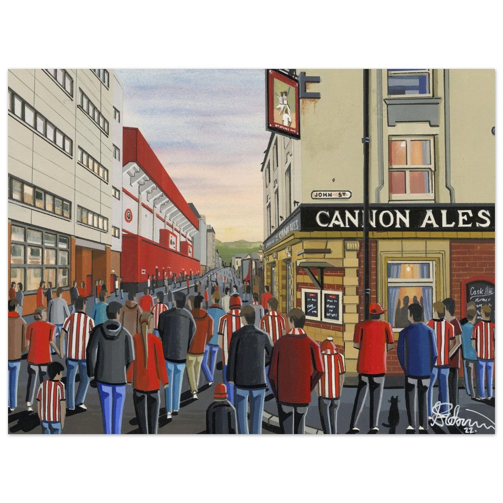 Sheffield United FC Bramall Lane Football Stadium Scene by artist Andrew Robinson andrewrobinsonart.com. Available in fine art print, poster, canvas prints and mugs etc