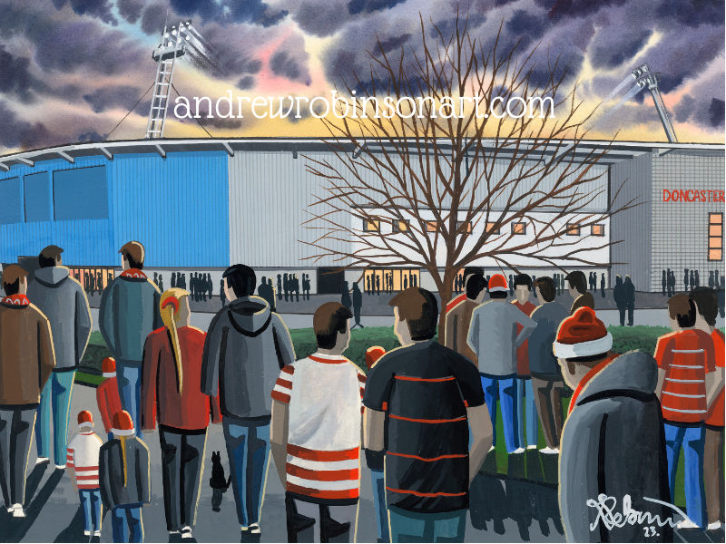 Thumbnail: Doncaster Rovers FC  Football Stadium Scene by artist Andrew Robinson andrewrobinsonart.com. Available in fine art print, poster, canvas prints and mugs etc 