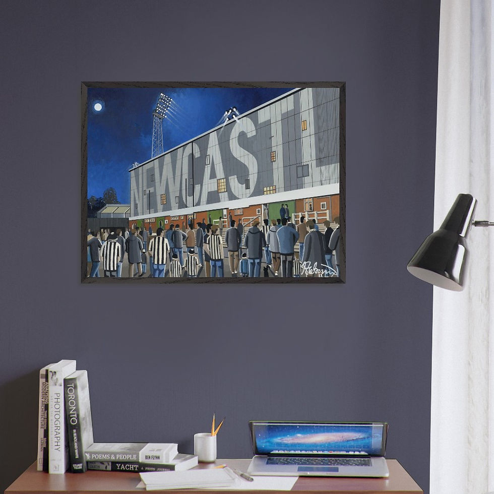 Thumbnail: Newcastle United FC retro St james's Park football stadium scene by artist Andrew Robinson andrewrobinsonart.com. Available in fine art print, poster, canvas prints and mugs etc 