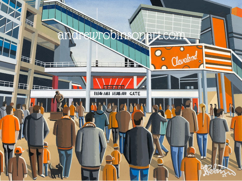 Thumbnail: Cleveland Browns American football NFL stadium scene by artist Andrew Robinson andrewrobinsonart.com. Available in fine art print, poster, canvas prints and mugs etc