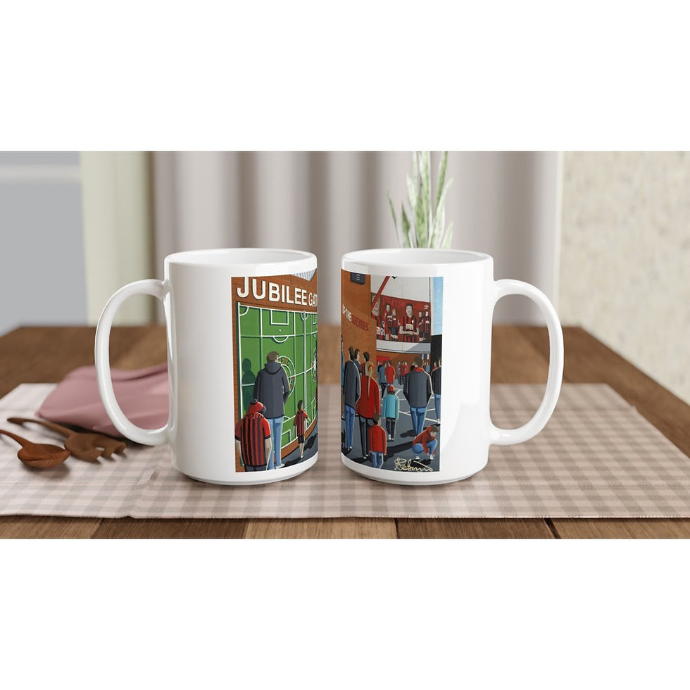 Bournemouth. Dean Court football stadium. Dishwasher and microwave proof printed ceramic mug. Ideal football club F.C memorabilia gift for birthdays, Christmas, Father’s Day. Perfect addition to any home or office. By artist Andrew Robinson.
