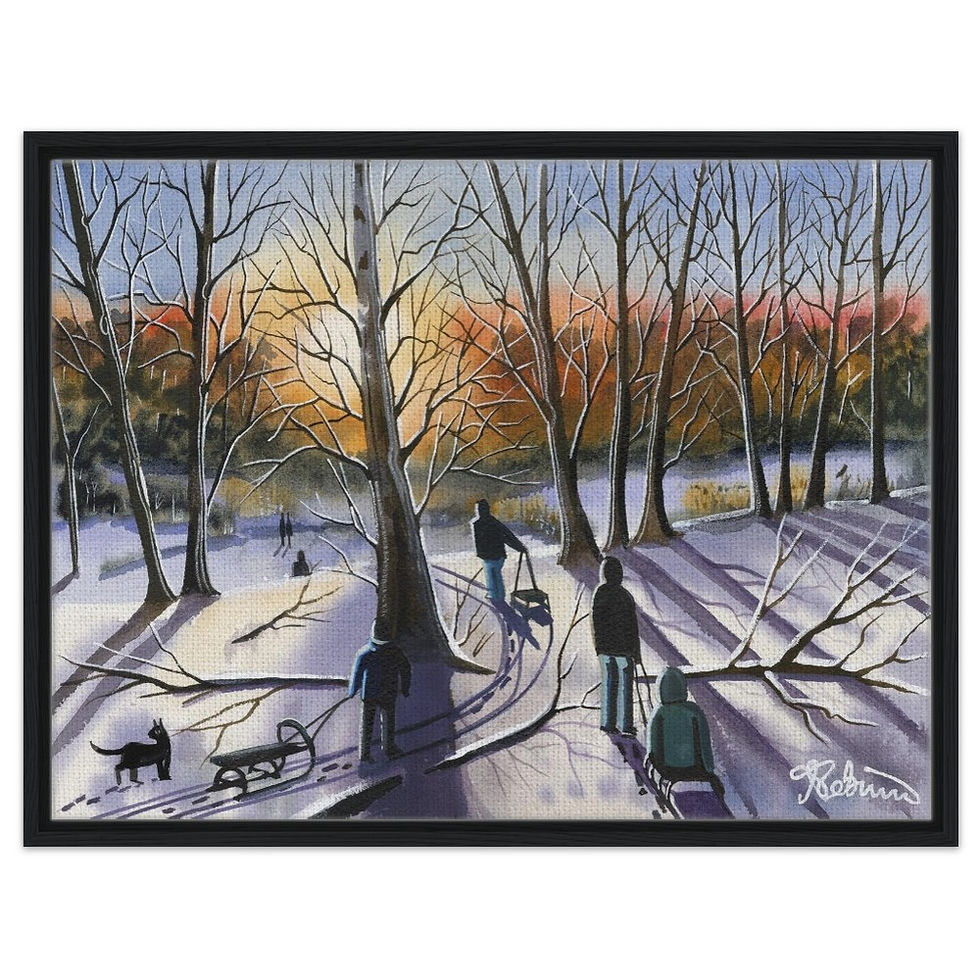 Sledging at Old St Ives Old Golf Course, Cambridgeshire snow winter scene by artist Andrew Robinson andrewrobinsonart.com. Available in fine art print, poster, canvas prints and mugs etc