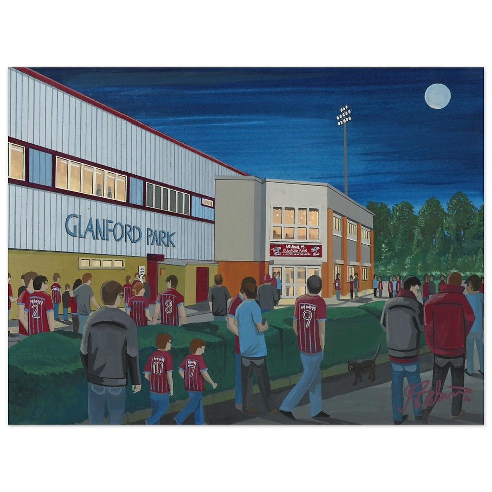 Scunthorpe United FC Glanford Park football stadium By Artist Andrew Robinson andrewrobinsonart.com, Andrew Robinson art .Framed Fine Art Prints, Posters, Canvas Prints, Framed canvas prints, Ceramic Mugs etc sport, football, rugby, NFL