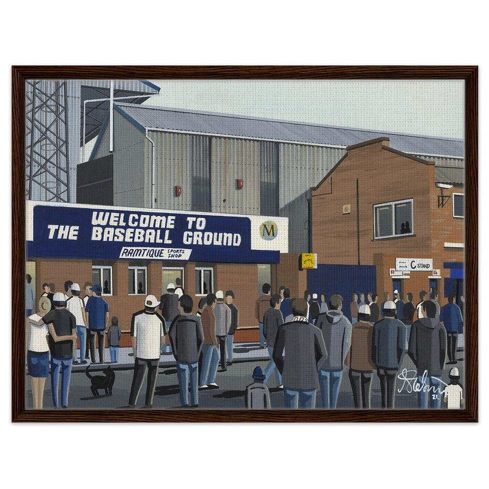 Derby County F.C Baseball Ground Football Stadium By Artist Andrew Robinson andrewrobinsonart.com, framed Fine Art Prints Posters, Canvas Prints, Ceramic Mugs etc