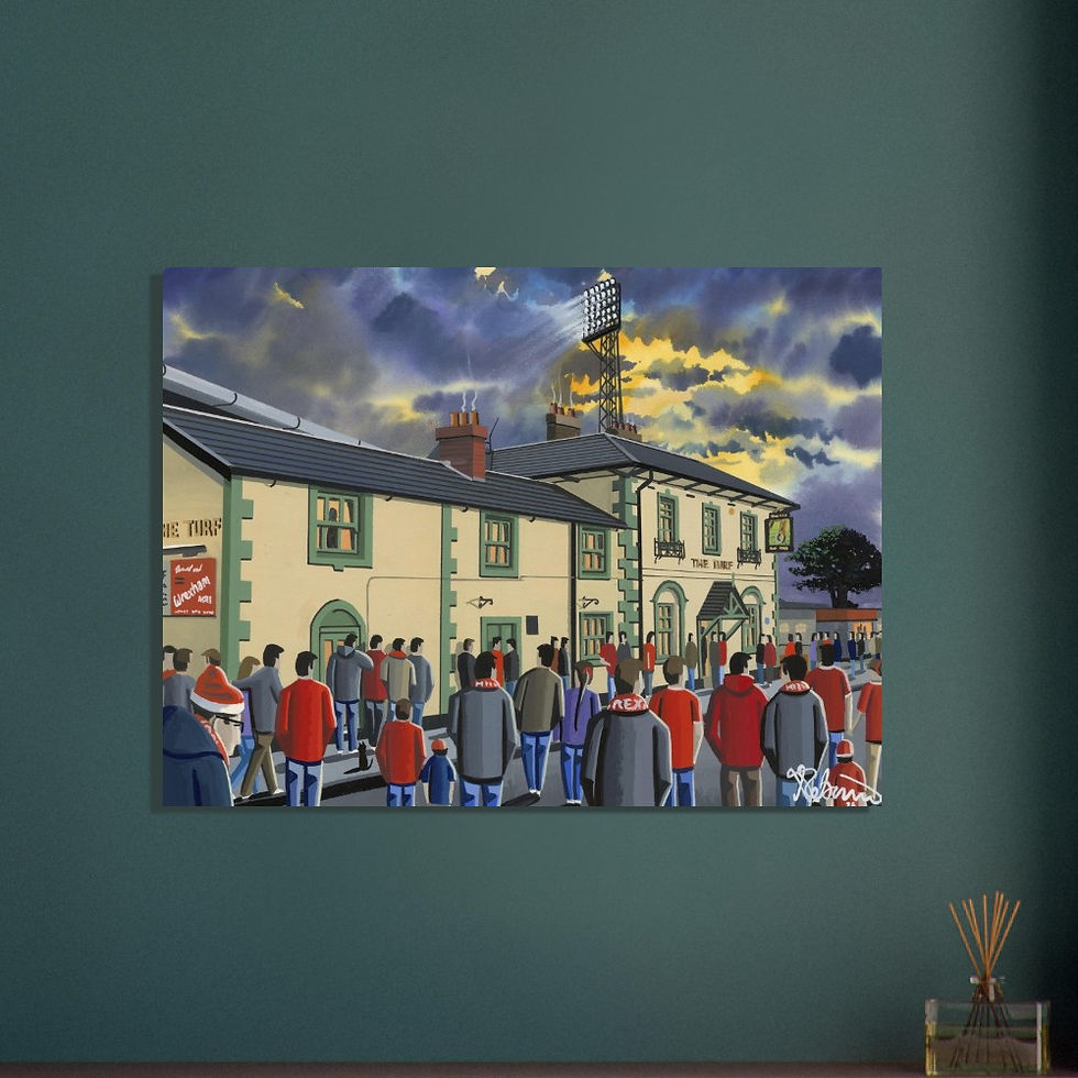 Thumbnail: Wrexham AFC Racecourse Ground Football Stadium Scene by artist Andrew Robinson andrewrobinsonart.com. Available in fine art print, poster, canvas prints and mugs etc