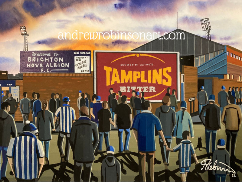 Thumbnail: brighton & Hove Albion retro Goldstione Ground  football stadium By Artist Andrew Robinson andrewrobinsonart.com, Andrew Robinson art .Framed Fine Art Prints, Posters, Canvas Prints, Framed canvas prints, Ceramic Mugs etc sport, football, rugby, NFL