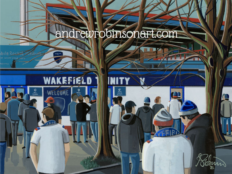 Wakefield Trinity Rugby Stadium Hand painted art scene by artist Andrew Robinson. Prints available from andrewrobinsonart.com