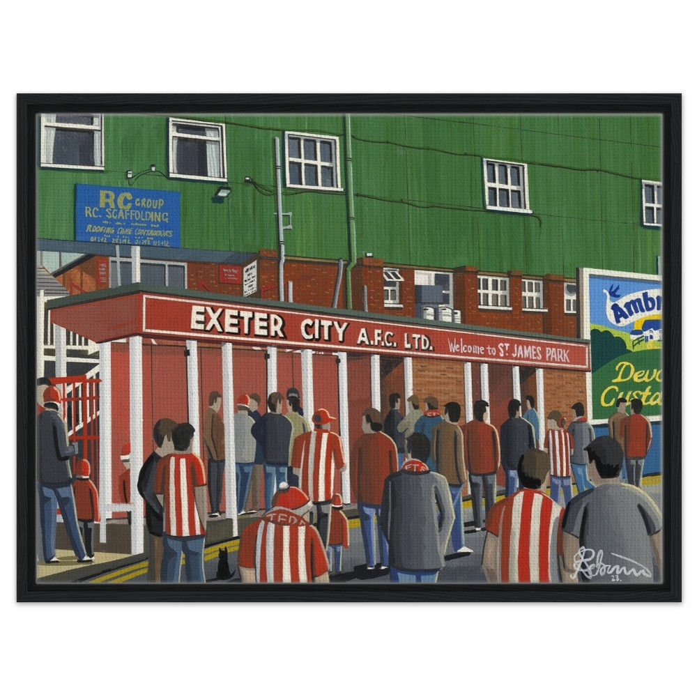 Exeter City FC St James Park Football Stadium By Artist Andrew Robinson andrewrobinsonart.com, framed Fine Art Prints Posters, Canvas Prints, Ceramic Mugs etc