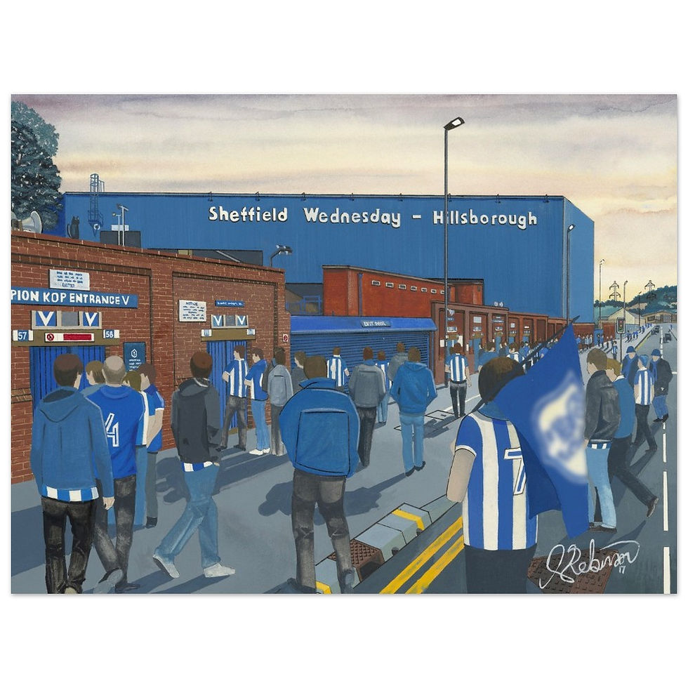 Sheffield Wednesday FC Hillsborough football stadium scene by artist Andrew Robinson andrewrobinsonart.com. Available in fine art print, poster, canvas prints and mugs etc