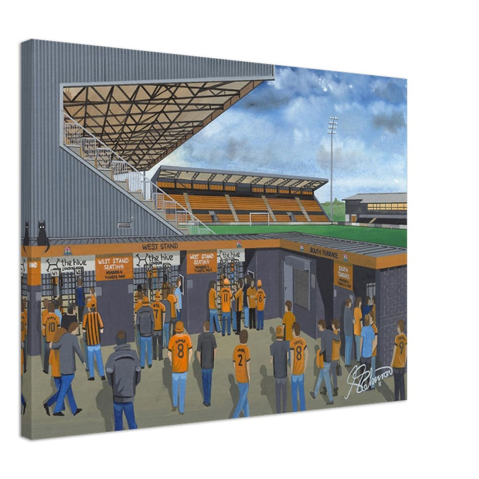 Thumbnail: Barnet FC The Hive football stadium scene by artist Andrew Robinson andrewrobinsonart.com. Available in fine art print, poster, canvas prints and mugs etc 