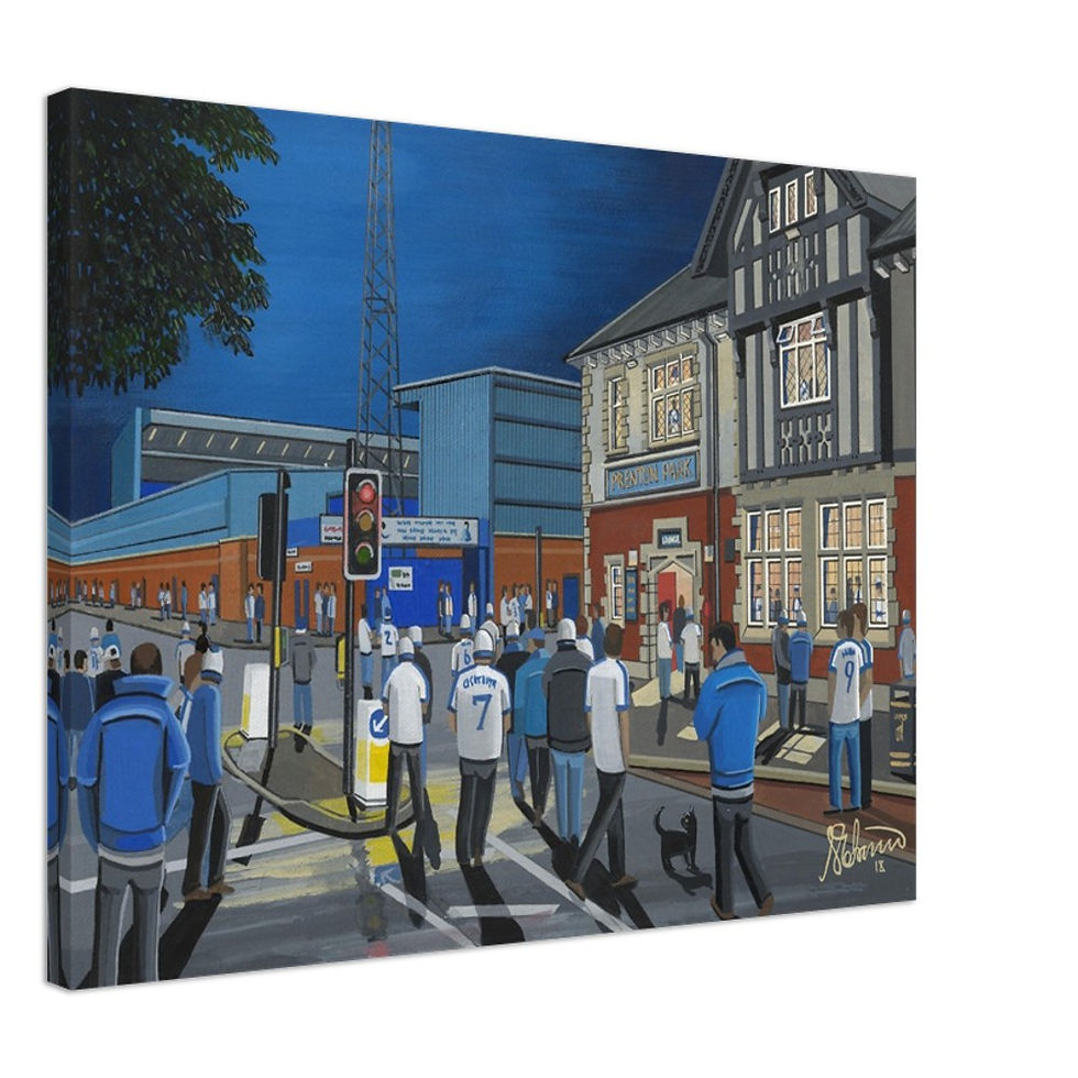Tranmere Rovers football Stadium By Artist Andrew Robinson andrewrobinsonart.com, Andrew Robinson art .Framed Fine Art Prints, Posters, Canvas Prints, Framed canvas prints, Ceramic Mugs etc sport, football, rugby, NFL