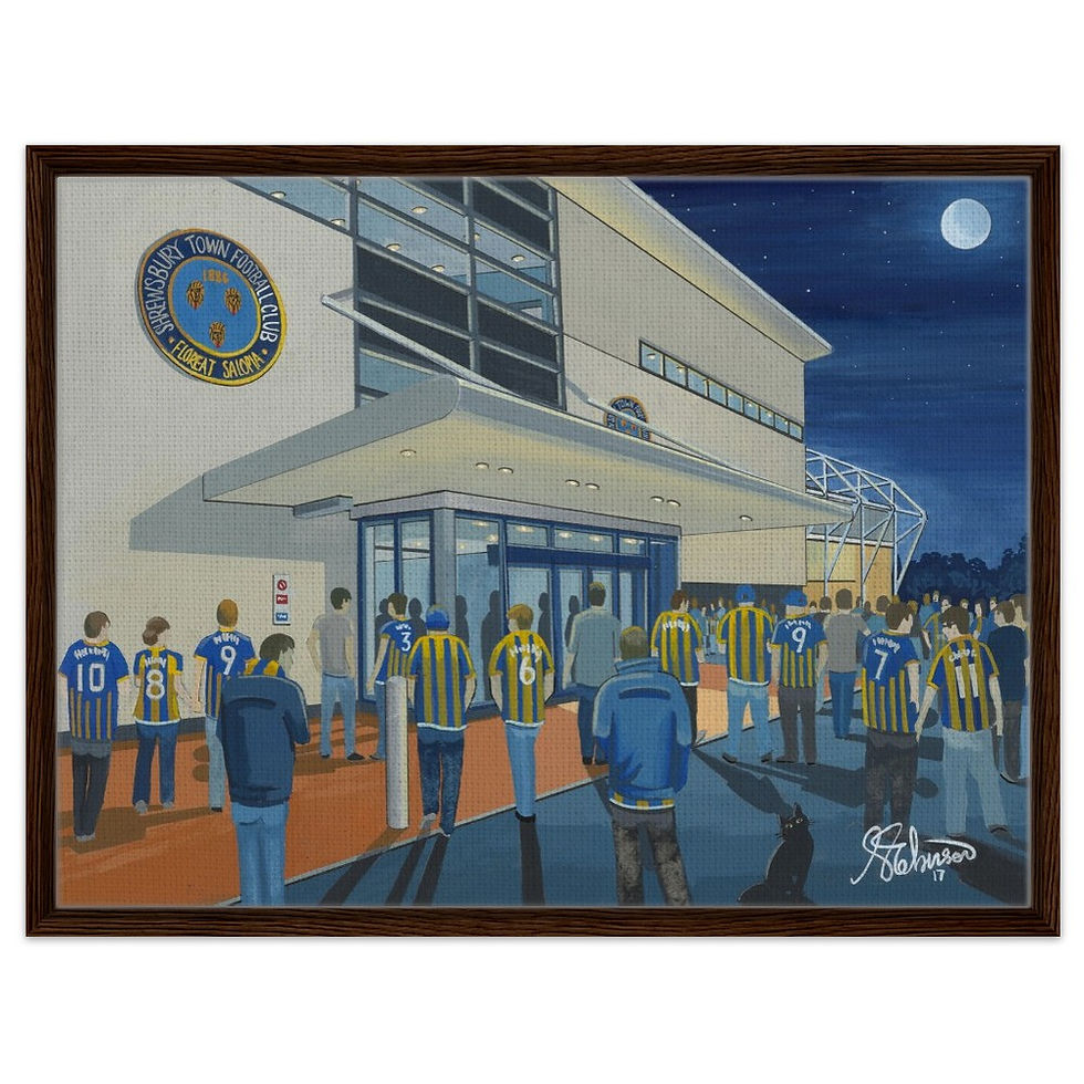 ShrewsburyTown F.C Football Stadium By Artist Andrew Robinson andrewrobinsonart.com, Andrew Robinson art .Framed Fine Art Prints, Posters, Canvas Prints, Framed canvas prints, Ceramic Mugs etc sport, football, rugby, NFL