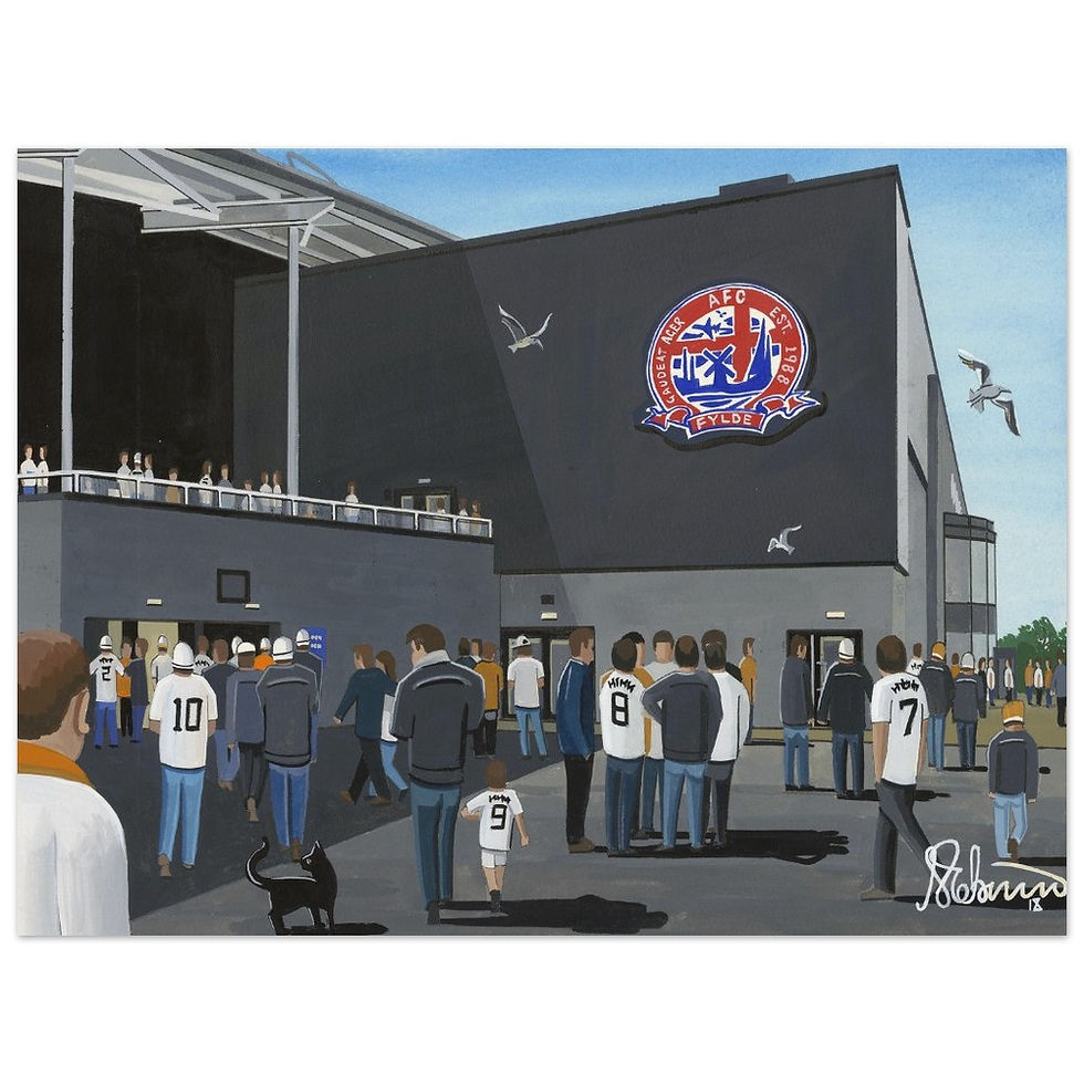 AFC Fylde Mill Farm football stadium. Poster art print. Ideal wall art football club F.C memorabilia gift for birthdays, Christmas, Father’s Day. Perfect addition to any home or office. By artist Andrew Robinson.