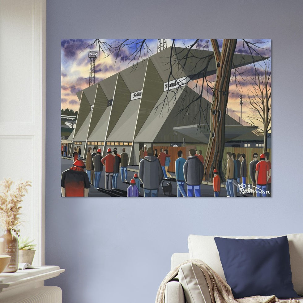 Thumbnail: Gala Fairydean Rovers FC Netherdale football stadium scene by artist Andrew Robinson andrewrobinsonart.com. Available in fine art print, poster, canvas prints and mugs etc 