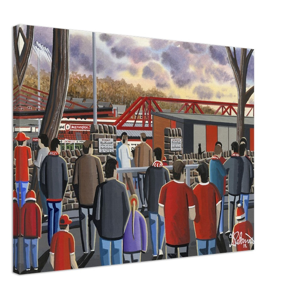 Accrington Stanley FC Crown Ground football stadium scene by artist Andrew Robinson andrewrobinsonart.com. Available in fine art print, poster, canvas prints and mugs etc 