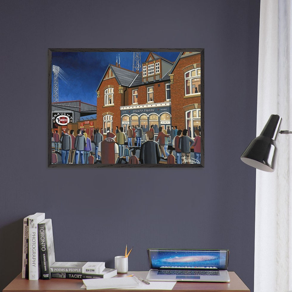 Thumbnail: Northampton Town F.C Retro County Ground Stadium By Artist Andrew Robinson andrewrobinsonart.com, Andrew Robinson art. Framed Fine Art Prints, Posters, Canvas Prints, Framed canvas prints, Ceramic Mugs etc sport, football, rugby, NFL