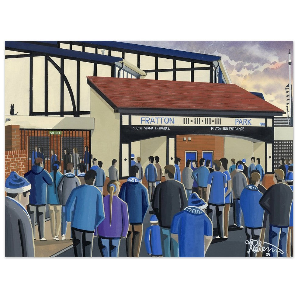 Thumbnail: Portsmouth FC Fratton ParkFootball Stadium Scene by artist Andrew Robinson andrewrobinsonart.com. Available in fine art print, poster, canvas prints and mugs etc 