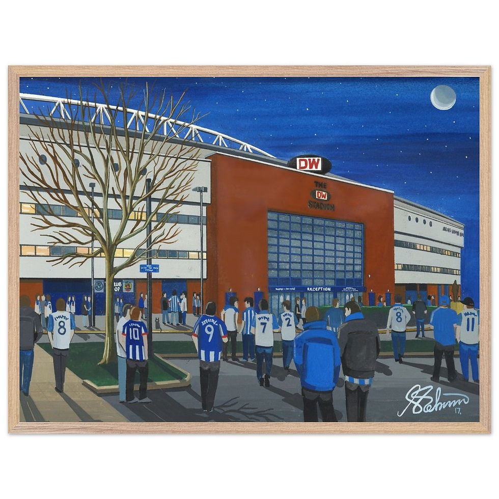 Thumbnail: Wigan Athletic FC football  stadium By Artist Andrew Robinson andrewrobinsonart.com, Andrew Robinson art .Framed Fine Art Prints, Posters, Canvas Prints, Framed canvas prints, Ceramic Mugs etc sport, football, rugby, NFL