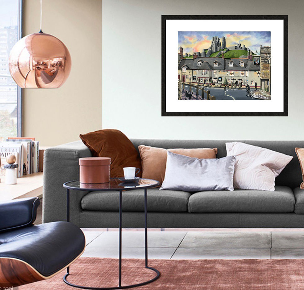 Thumbnail: Corfe Castle Dorset painting framed townscape Landmark fine art print by Andrew Robinson art andrewrobinsonart