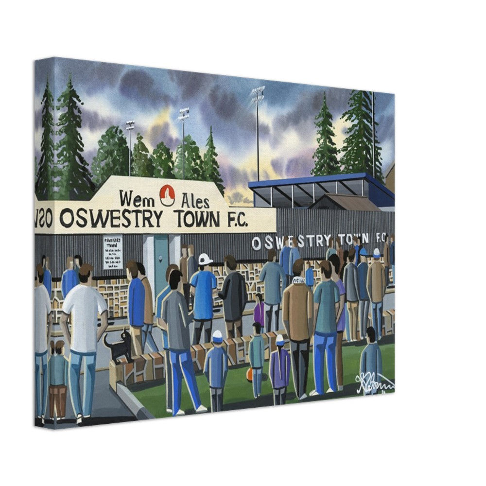 Oswestry Town F.C Retro Victoria Road Stadium By Artist Andrew Robinson andrewrobinsonart.com, Andrew Robinson art .Framed Fine Art Prints, Posters, Canvas Prints, Framed canvas prints, Ceramic Mugs etc sport, football, rugby, NFL
