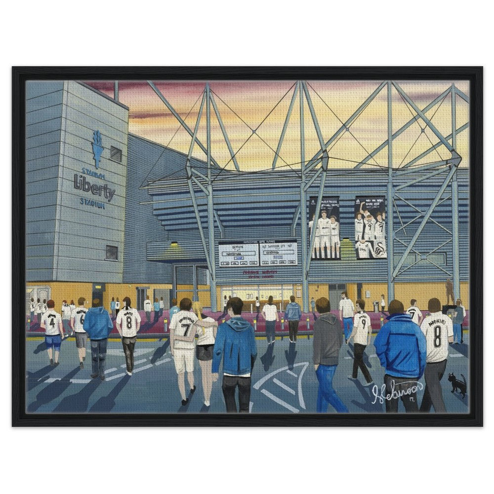 Swansea City F.C Football Stadium By Artist Andrew Robinson andrewrobinsonart.com, Andrew Robinson art .Framed Fine Art Prints, Posters, Canvas Prints, Framed canvas prints, Ceramic Mugs etc sport, football, rugby, NFL