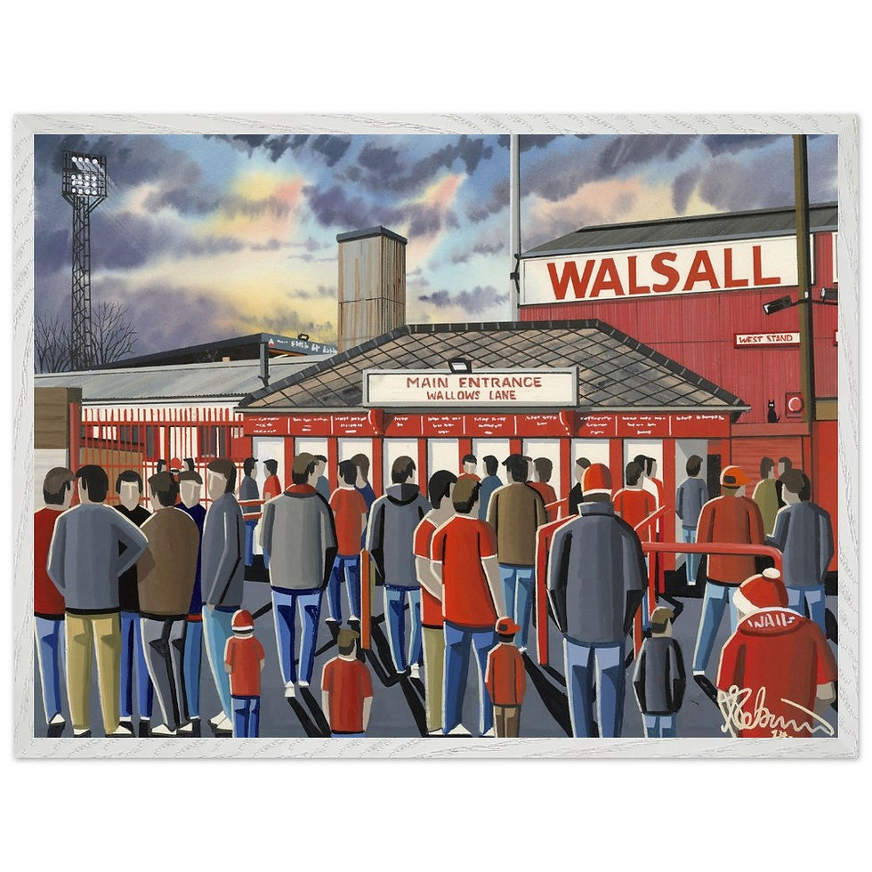 Thumbnail: Walsall FC retro Fellows Park football stadium scene by artist Andrew Robinson andrewrobinsonart.com. Available in fine art print, poster, canvas prints and mugs etc 