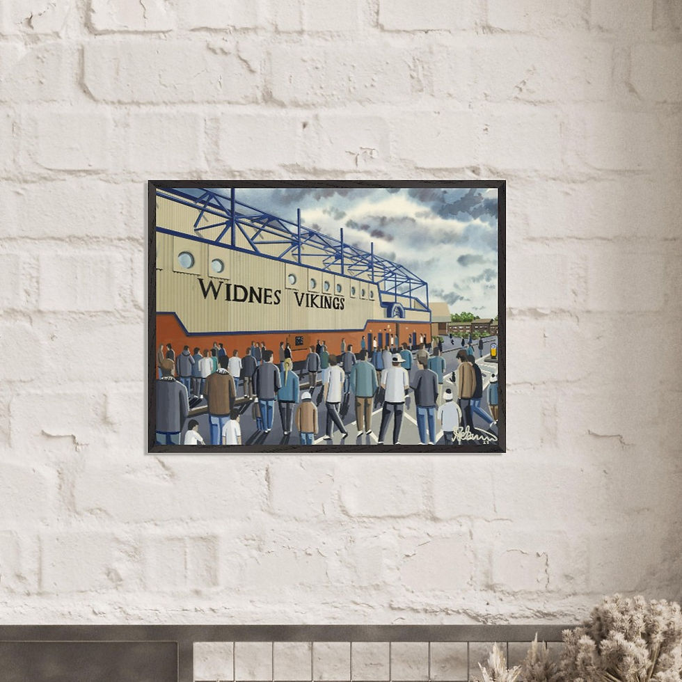 Thumbnail: Widnes Vikings Rugby Stadium Scene by artist Andrew Robinson andrewrobinsonart.com. Available in fine art print, poster, canvas prints and mugs etc 