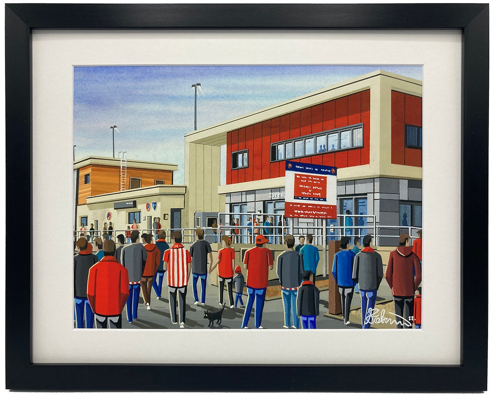 Dorking Wanderers FC Meadowbank Stadium Scene by artist Andrew Robinson andrewrobinsonart.com. Available in fine art print, poster, canvas prints and mugs etc