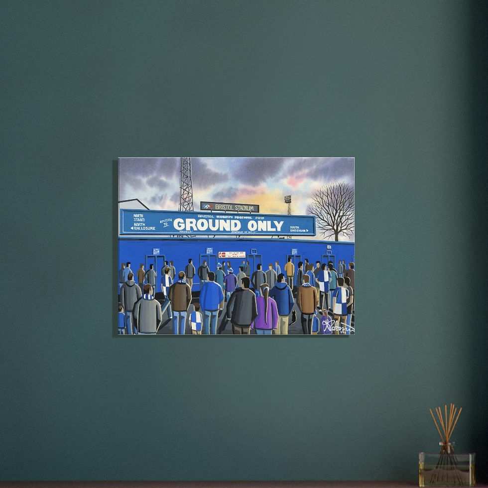 Thumbnail: Bristol Rovers F.C, Retro Eastville Stadium By Artist Andrew Robinson andrewrobinsonart.com, Andrew Robinson art. Framed Fine Art Prints, Posters, Canvas Prints, Framed canvas prints, Ceramic Mugs etc sport, football, rugby, NFL