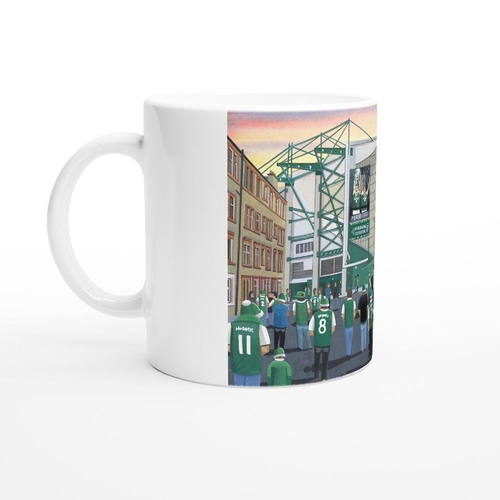 Thumbnail: Hibs Hibernian FC Easter Road football stadium scene by artist Andrew Robinson andrewrobinsonart.com. Available in fine art print, poster, canvas prints and mugs etc 