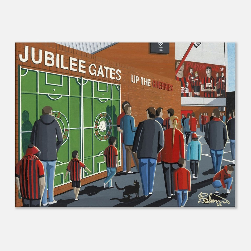 Thumbnail: AFC Bournemouth Dean Court  Football Stadium Scene by artist Andrew Robinson andrewrobinsonart.com. Available in fine art print, poster, canvas prints and mugs etc 