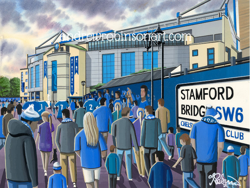 Chelsea FC Football Stadium Scene By Artist Andrew Robinson. andrewrobinsonart.com