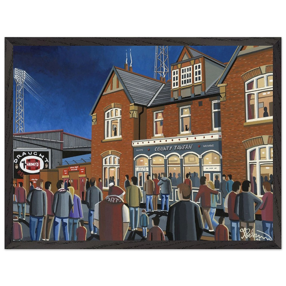 Thumbnail: Northampton Town F.C Retro County Ground Stadium By Artist Andrew Robinson andrewrobinsonart.com, Andrew Robinson art. Framed Fine Art Prints, Posters, Canvas Prints, Framed canvas prints, Ceramic Mugs etc sport, football, rugby, NFL