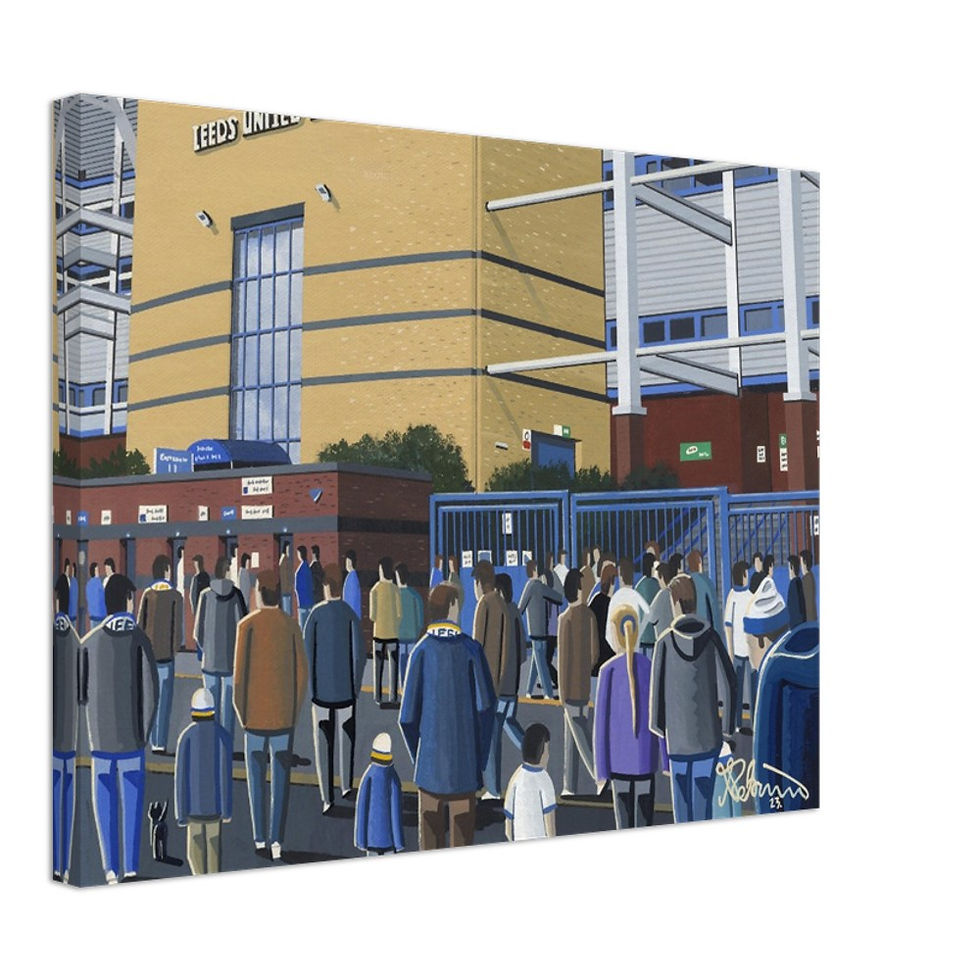Leeds United F.C, Football Stadium By Artist Andrew Robinson andrewrobinsonart.com, Andrew Robinson art .Framed Fine Art Prints, Posters, Canvas Prints, Framed canvas prints, Ceramic Mugs etc sport, football, rugby, NFL
