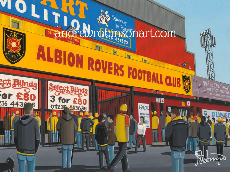 Albion Rovers Football Stadium Scene By Artist Andrew Robinson. andrewrobinsonart.com