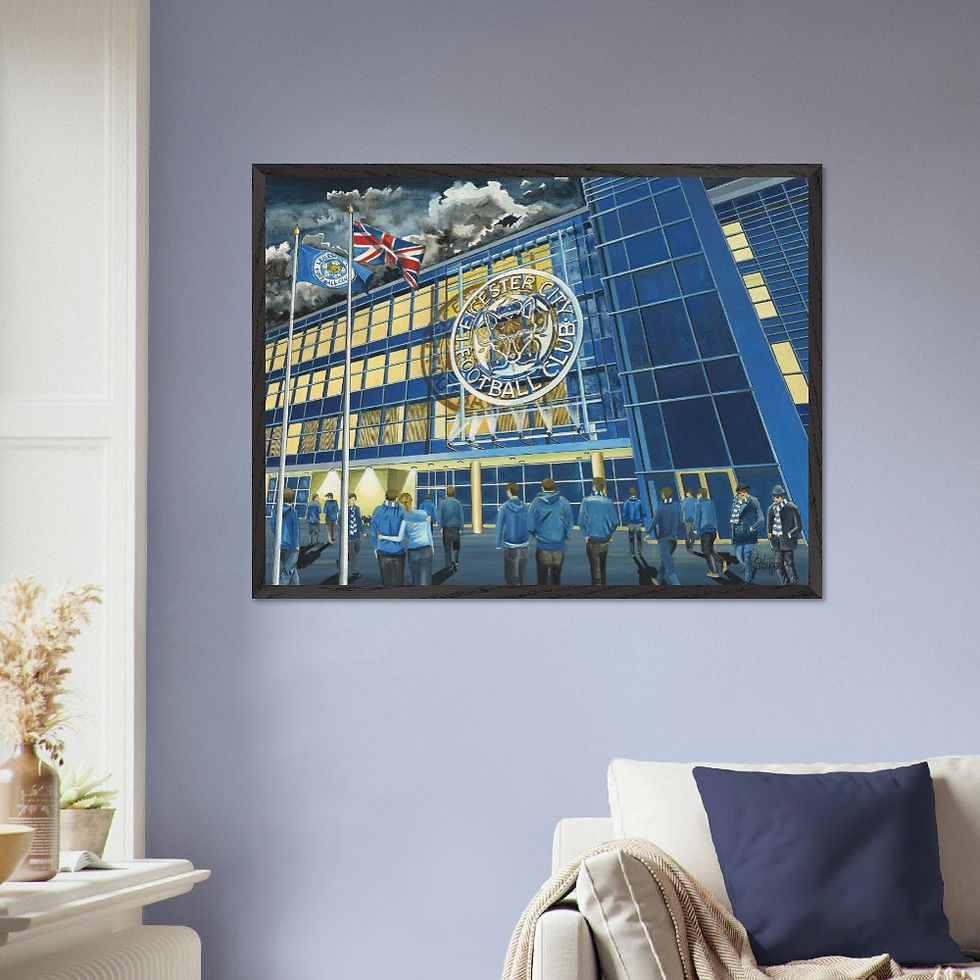 Thumbnail: Leicester City FC King Power  football stadium scene by artist Andrew Robinson andrewrobinsonart.com. Available in fine art print, poster, canvas prints and mugs etc