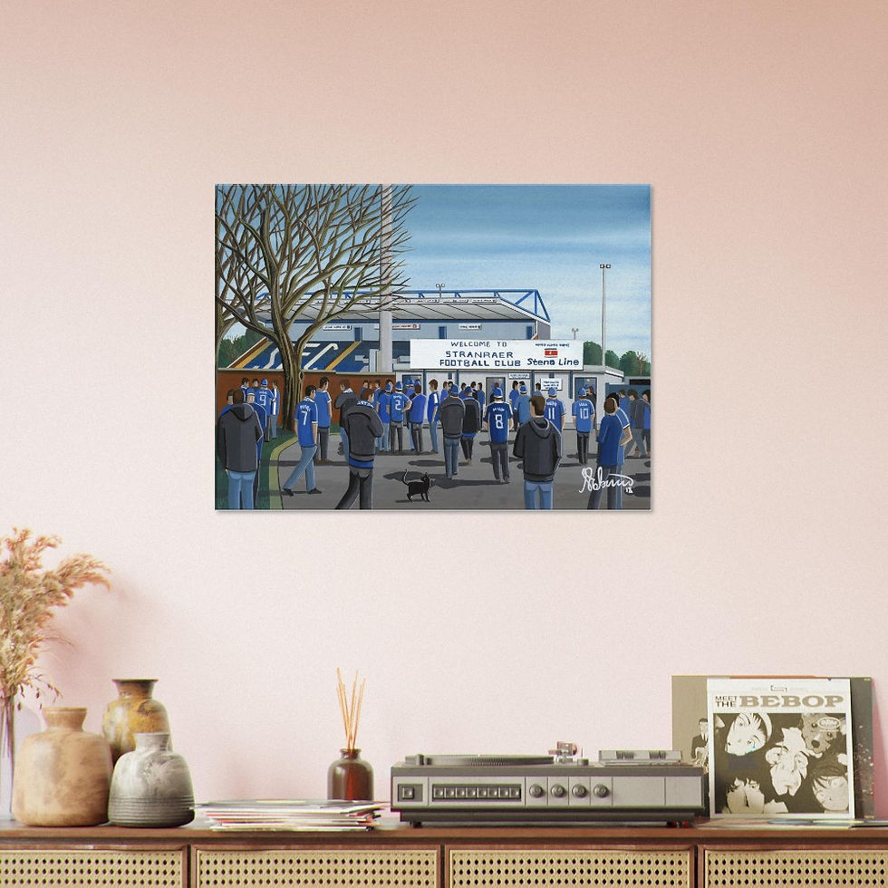 Thumbnail: Stranraer F.C football Stadium  By Artist Andrew Robinson andrewrobinsonart.com, Andrew Robinson art .Framed Fine Art Prints, Posters, Canvas Prints, Framed canvas prints, Ceramic Mugs etc sport, football, rugby, NFL