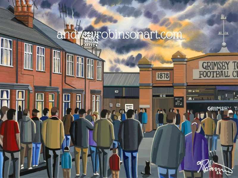 Thumbnail: Grimsby Town FC Retro Blundell Park Stadium Scene by artist Andrew Robinson andrewrobinsonart.com. Available in fine art print, poster, canvas prints and mugs etc 