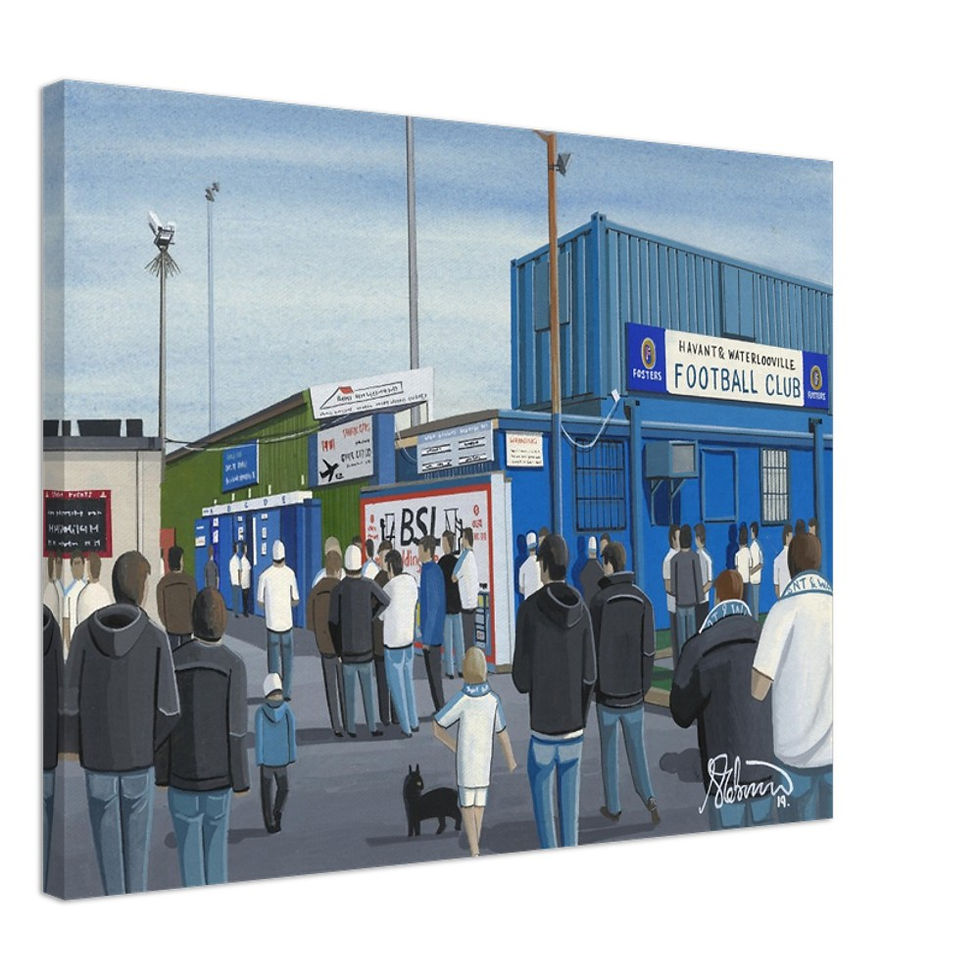 Havant & Waterlooville F.C, Football Stadium By Artist Andrew Robinson andrewrobinsonart.com, Andrew Robinson art .Framed Fine Art Prints, Posters, Canvas Prints, Framed canvas prints, Ceramic Mugs etc sport, football, rugby, NFL