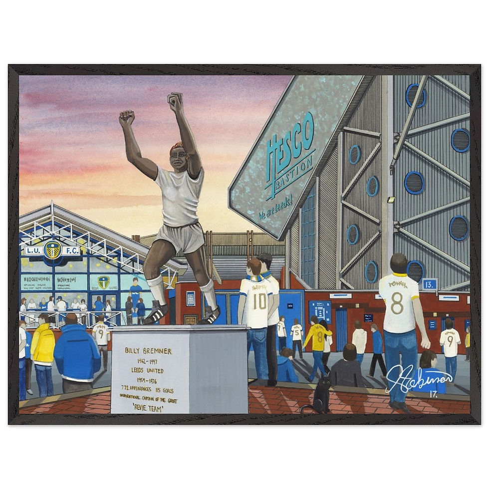 Leeds United FC Elland Road Football Stadium Scene by artist Andrew Robinson andrewrobinsonart.com. Available in fine art print, poster, canvas prints and mugs etc