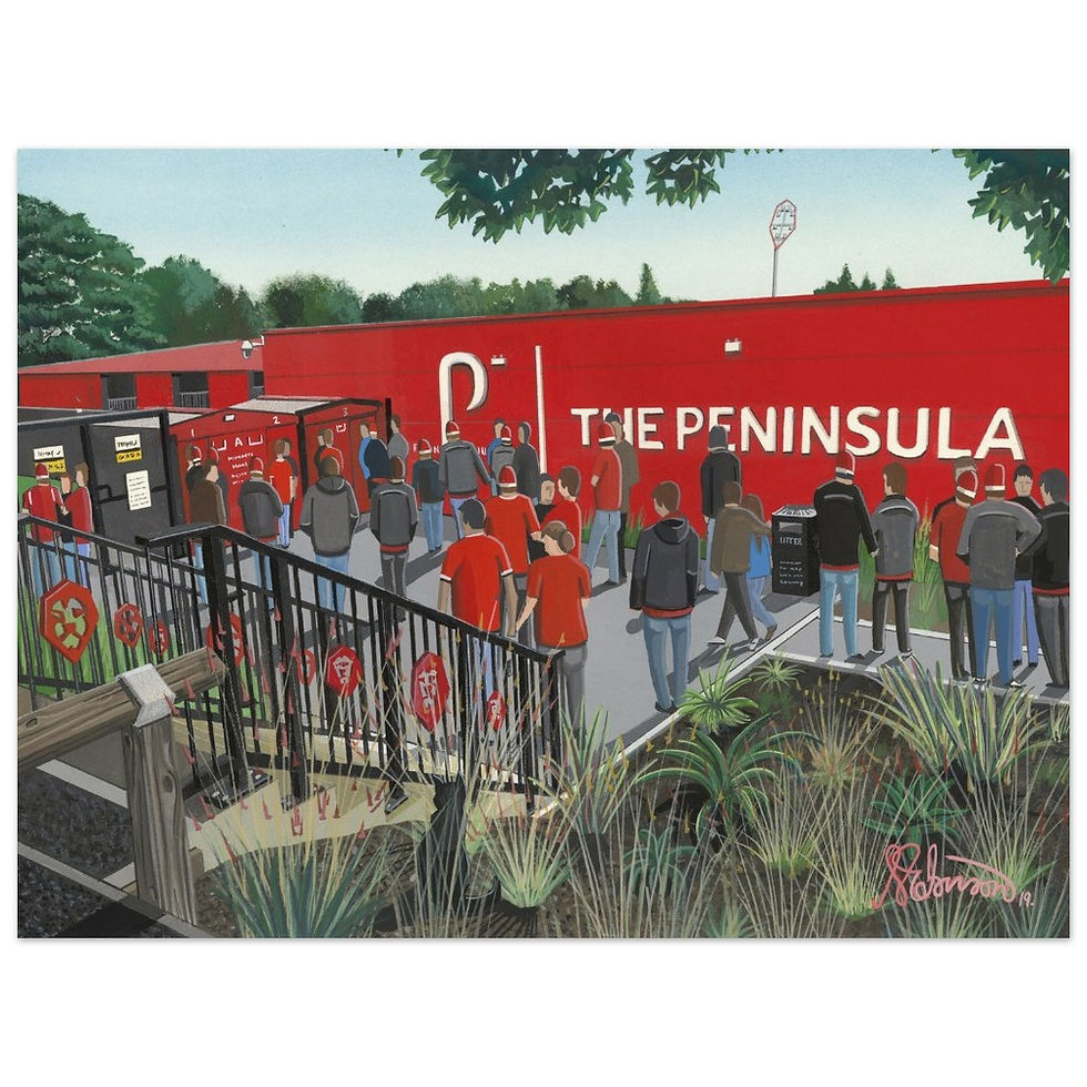 Thumbnail: Salford City FC Moor Lane  Football Stadium Scene by artist Andrew Robinson andrewrobinsonart.com. Available in fine art print, poster, canvas prints and mugs etc 
