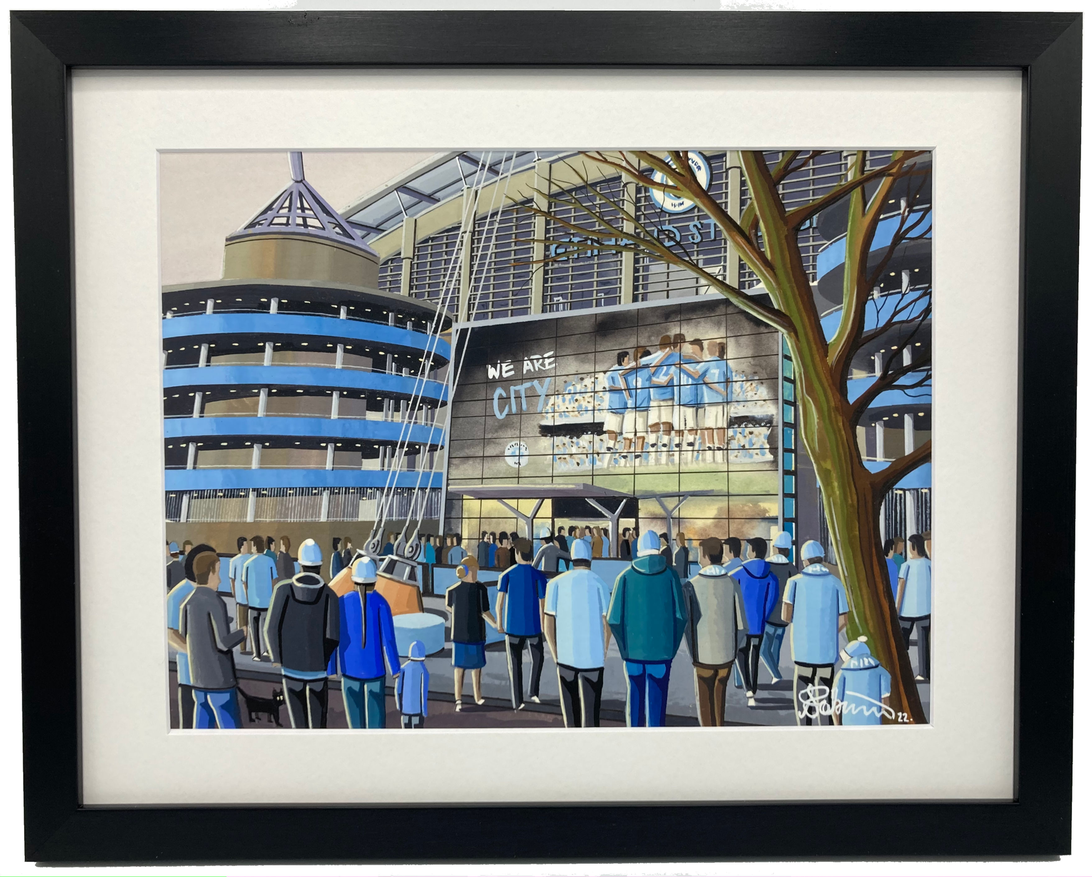 Manchester City FC Etihad football stadium scene by artist Andrew Robinson andrewrobinsonart.com. Available in fine art print, poster, canvas prints and mugs etc