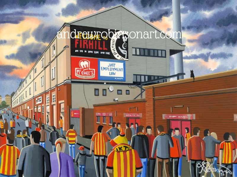 Thumbnail: Partick Thistle FC Firhill Football Stadium Scene by artist Andrew Robinson andrewrobinsonart.com. Available in fine art print, poster, canvas prints and mugs etc